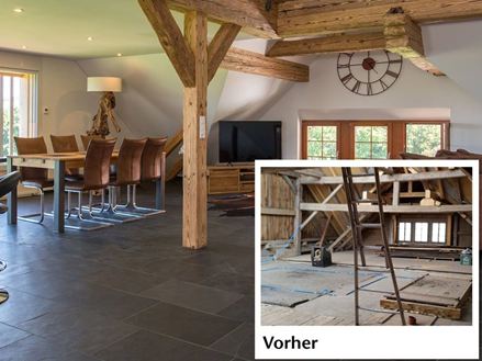 Voor- en nafoto van een renovatie met leistenen tegels in de woonkamer