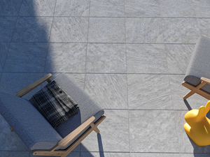 Terrasplaat in kwartsietlook Classic Grey met buitenmeubilair