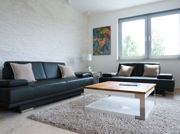 Woonkamer met natuurstenen lambrisering aan de muur en een zwarte bank
